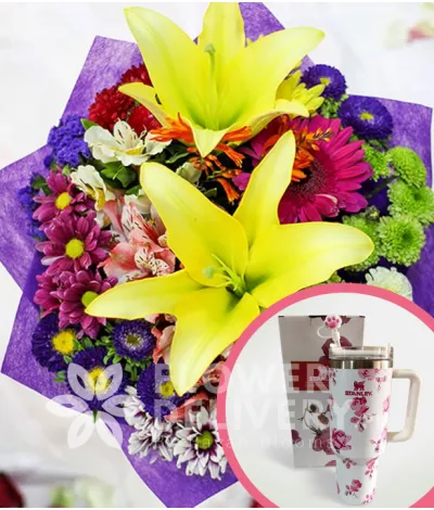 2 Yellow Lilies with Mixed Colorful Flowers with Stanley H2.O Tumbler 40oz Pink White