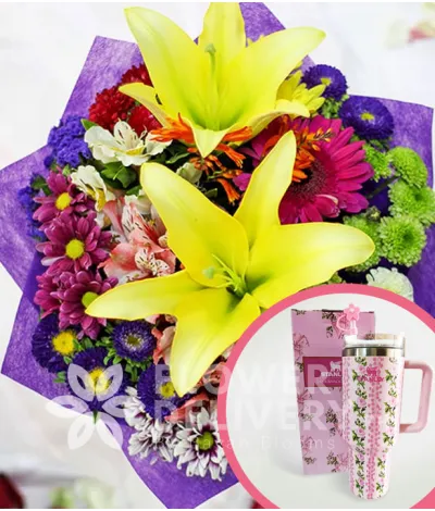 2 Yellow Lilies with Mixed Colorful Flowers with Stanley H2.O Tumbler 40oz Pink