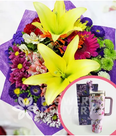 2 Yellow Lilies with Mixed Colorful Flowers with Stanley H2.O Tumbler 40oz Violet
