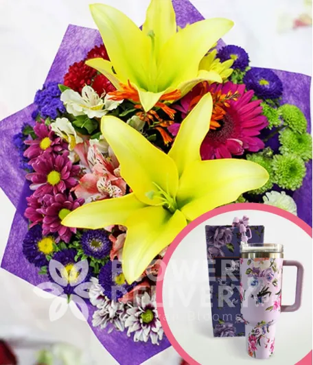 2 Yellow Lilies with Mixed Colorful Flowers with Stanley H2.O Tumbler 40oz Violet
