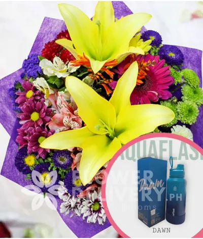 2 Yellow Lilies with Mixed Colorful Flowers with Aquaflask Tumbler 32oz Dawn
