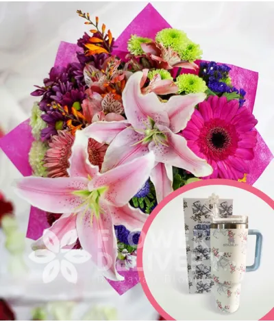 2 Stargazers with Mixed Colorful Flowers with Stanley H2.O Tumbler 40oz Blue White