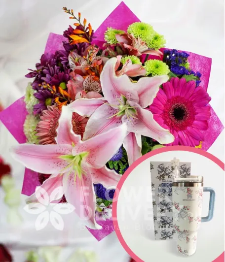 2 Stargazers with Mixed Colorful Flowers with Stanley H2.O Tumbler 40oz Blue White