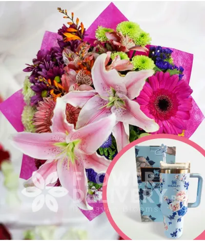 2 Stargazers with Mixed Colorful Flowers with Stanley H2.O Tumbler 40oz Blue