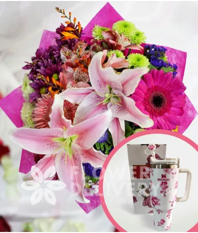 2 Stargazers with Mixed Colorful Flowers with Stanley H2.O Tumbler 40oz Pink White