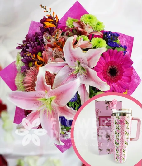 2 Stargazers with Mixed Colorful Flowers with Stanley H2.O Tumbler 40oz Pink