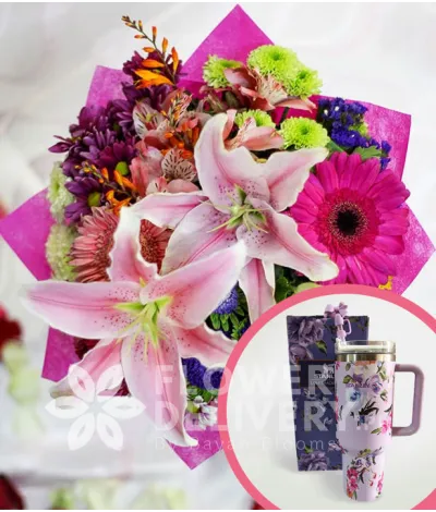 2 Stargazers with Mixed Colorful Flowers with Stanley H2.O Tumbler 40oz Violet