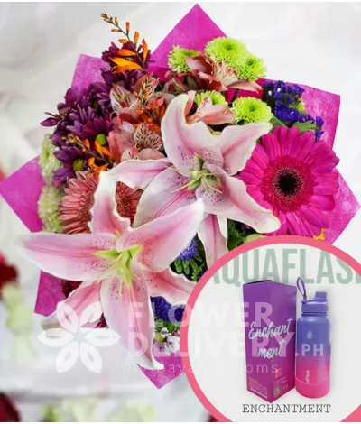 2 Stargazers with Mixed Colorful Flowers with Aquaflask Tumbler 32oz Enchantment