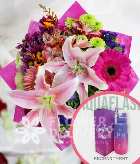 2 Stargazers with Mixed Colorful Flowers with Aquaflask Tumbler 32oz Enchantment