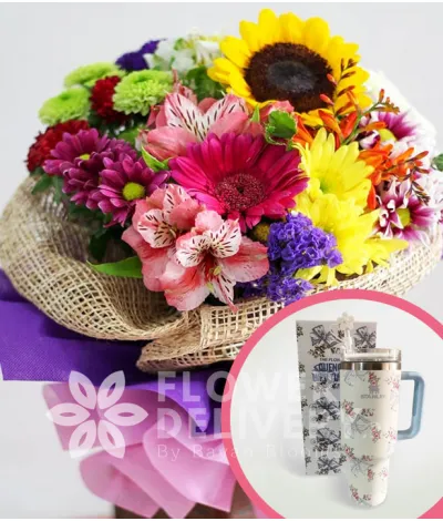 A Bouquet of Mixed Colorful Flowers with Stanley H2.O Tumbler 40oz Blue White