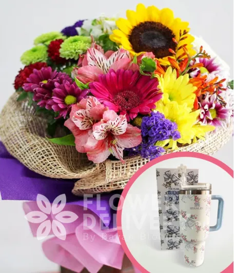 A Bouquet of Mixed Colorful Flowers with Stanley H2.O Tumbler 40oz Blue White