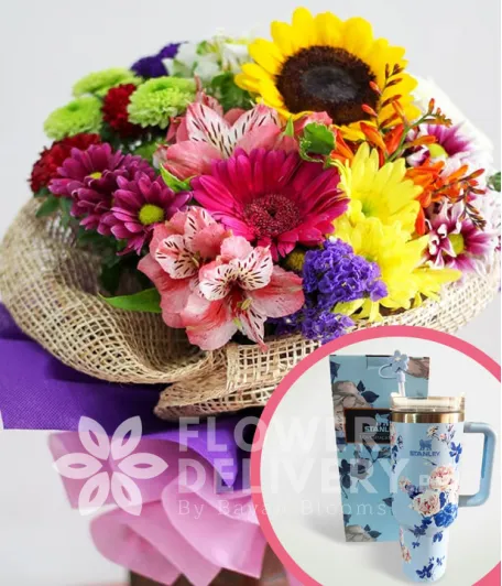 A Bouquet of Mixed Colorful Flowers with Stanley H2.O Tumbler 40oz Blue