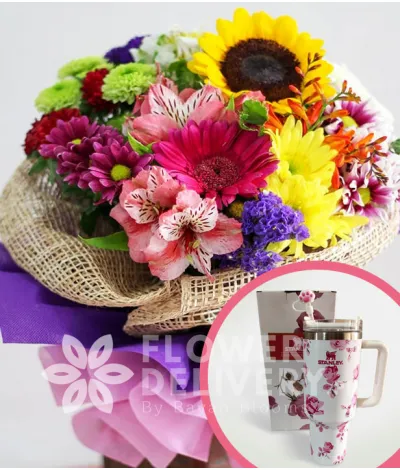 A Bouquet of Mixed Colorful Flowers with Stanley H2.O Tumbler 40oz Pink White