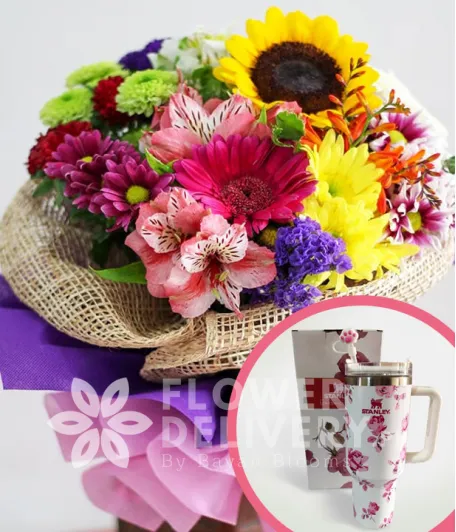 A Bouquet of Mixed Colorful Flowers with Stanley H2.O Tumbler 40oz Pink White