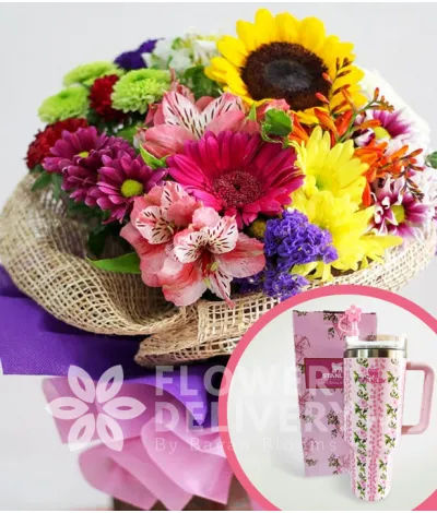 A Bouquet of Mixed Colorful Flowers with Stanley H2.O Tumbler 40oz Pink