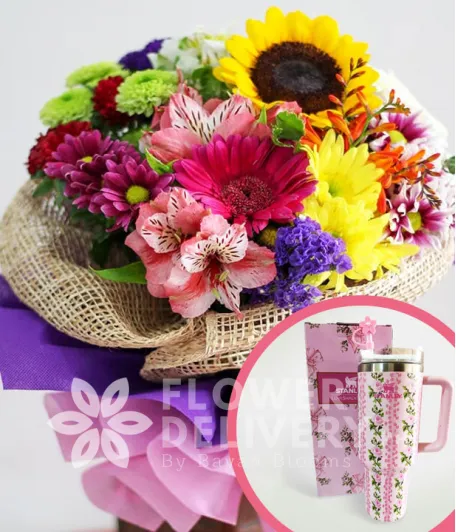 A Bouquet of Mixed Colorful Flowers with Stanley H2.O Tumbler 40oz Pink