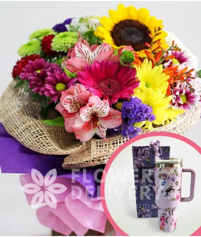 A Bouquet of Mixed Colorful Flowers with Stanley H2.O Tumbler 40oz Violet
