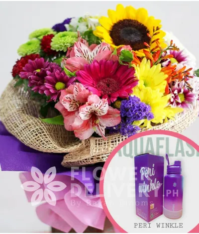 A Bouquet of Mixed Colorful Flowers with Aquaflask Tumbler 32oz Peri Winkle