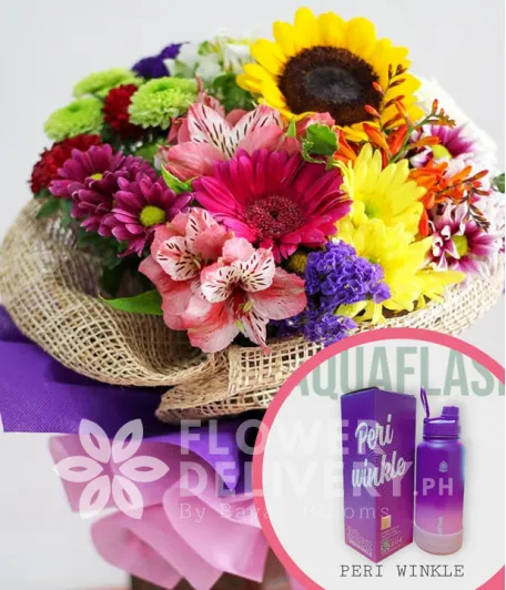 A Bouquet of Mixed Colorful Flowers with Aquaflask Tumbler 32oz Peri Winkle