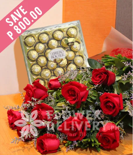 1 Dozen Ecuadorian Red Roses with 24 pcs. Ferrero