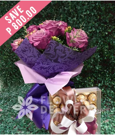 1 Dozen Lavender Roses with 24 pcs. Ferrero 1 Dozen Lavender Roses with 24 pcs. Ferrero