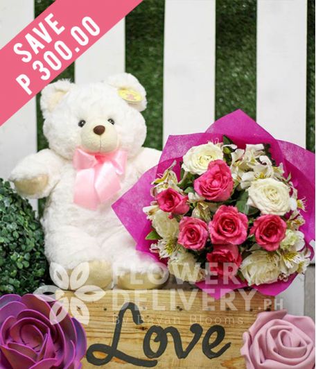 1 Dozen Pink and White Roses with Bear