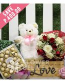 1 Dozen Red and White Roses with Bear and Ferrero