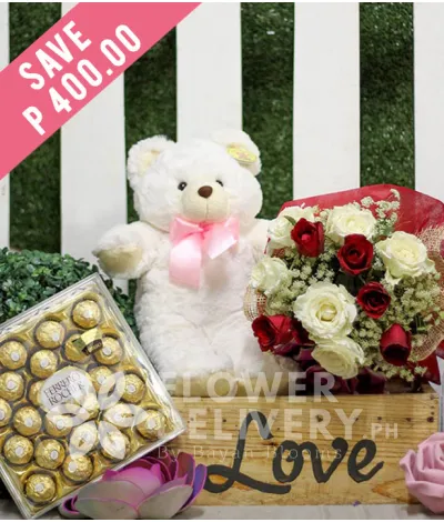1 Dozen Red and White Roses with Bear and Ferrero 1 Dozen Red and White Roses with Bear and Ferrero