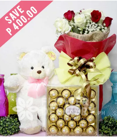 1 Dozen Red and White Roses with Bear and Ferrero 1 Dozen Red and White Roses with Bear and Ferrero