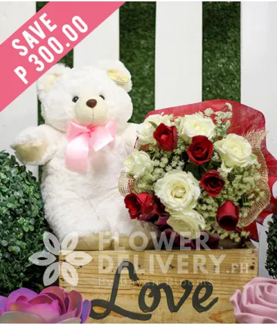 1 Dozen Red and White Roses with Bear 1 Dozen Red and White Roses with Bear