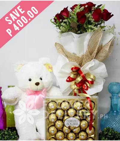 1 Dozen Red Roses with Bear and 24 pcs. Ferrero 1 Dozen Red Roses with Bear and 24 pcs. Ferrero