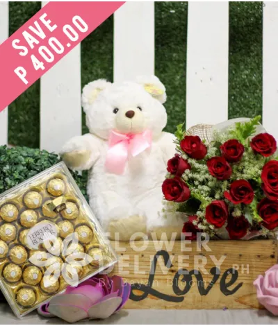 1 Dozen Red Roses with Bear and 24 pcs. Ferrero 1 Dozen Red Roses with Bear and 24 pcs. Ferrero