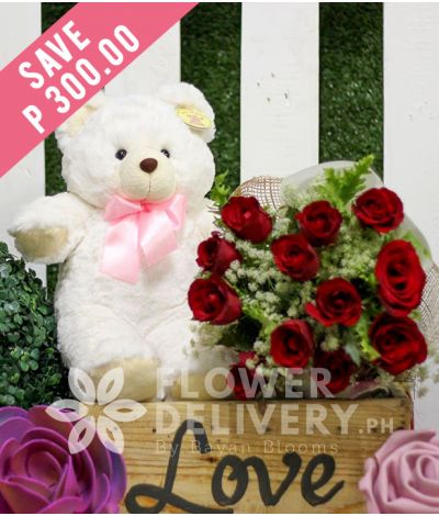 1 dozen red roses with bear