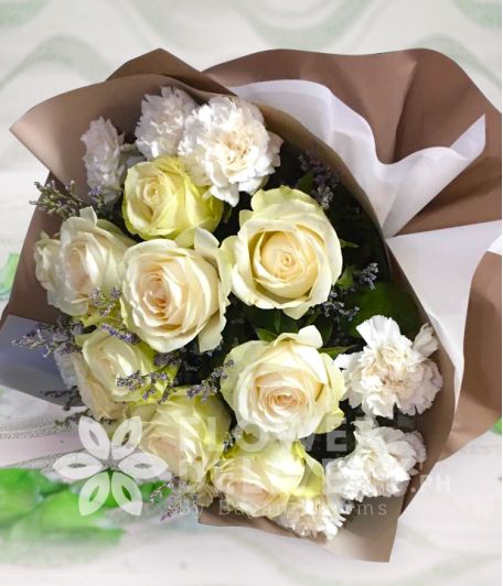 1 Dozen Imported  White Roses and White Carnation