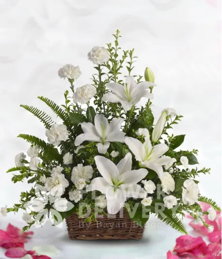 A Basket of White Lilies and Carnations