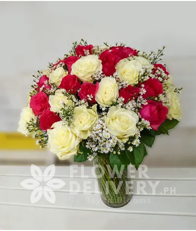 2 Dozen Red and 2 Dozen White Roses in a Vase