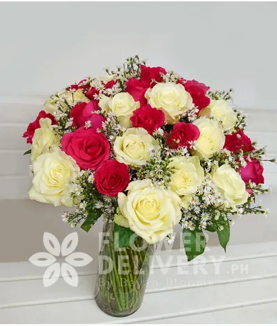2 Dozen Red and 2 Dozen White Roses in a Vase