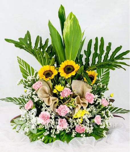 3 Sunflowers and 10 Carnations in a Vase