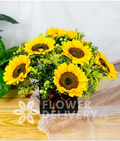Charming Box of Sunflowers with Solidago Charming Box of Sunflowers with Solidago