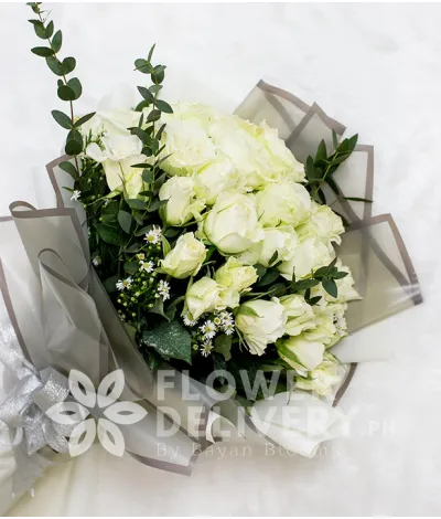 Elegant Whites Roses with Eucalyptus