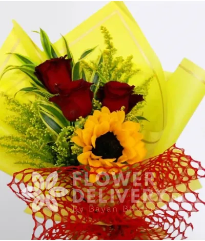 3 Red Roses 1 Sunflower Solidago