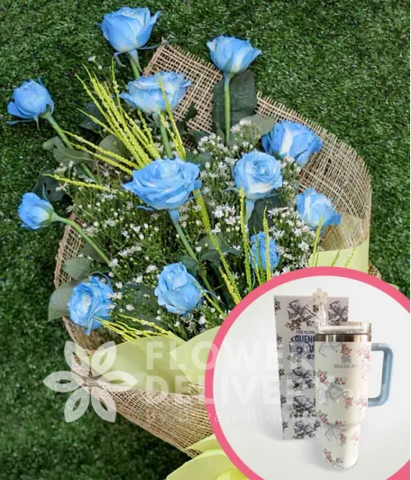 1 Dozen Blue Roses Spray (Arm Bouquet) with Stanley H2.O Tumbler 40oz Blue White