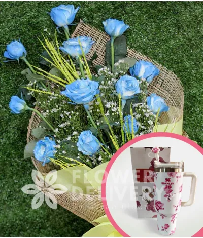 1 Dozen Blue Roses Spray (Arm Bouquet) with Stanley H2.O Tumbler 40oz Pink White