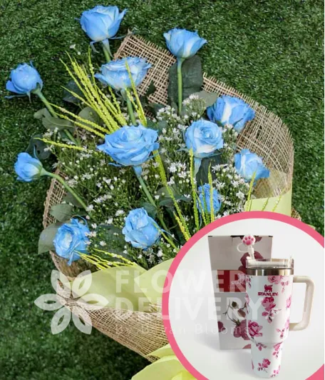 1 Dozen Blue Roses Spray (Arm Bouquet) with Stanley H2.O Tumbler 40oz Pink White