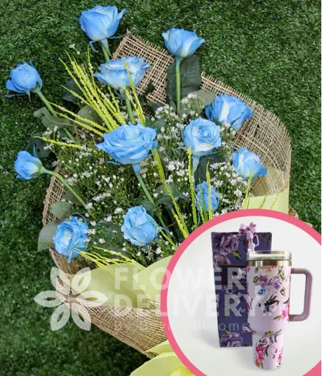 1 Dozen Blue Roses Spray (Arm Bouquet) with Stanley H2.O Tumbler 40oz Violet