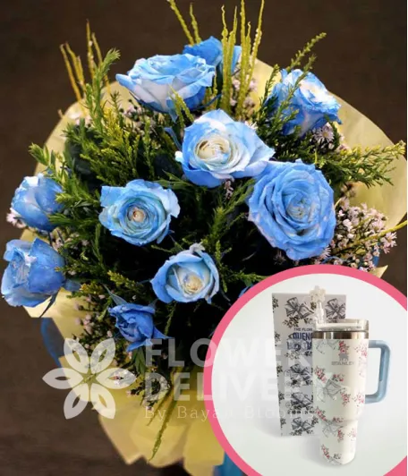 1 Dozen Blue Roses Spray (Round Bouquet) with Stanley H2.O Tumbler 40oz Blue White