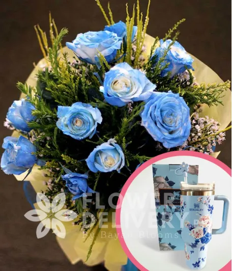 1 Dozen Blue Roses Spray (Round Bouquet) with Stanley H2.O Tumbler 40oz Blue