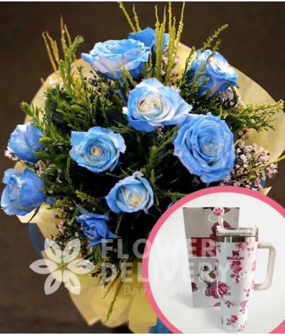 1 Dozen Blue Roses Spray (Round Bouquet) with Stanley H2.O Tumbler 40oz Pink White