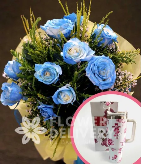 1 Dozen Blue Roses Spray (Round Bouquet) with Stanley H2.O Tumbler 40oz Pink White