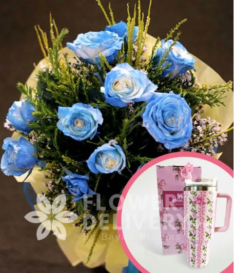 1 Dozen Blue Roses Spray (Round Bouquet) with Stanley H2.O Tumbler 40oz Pink